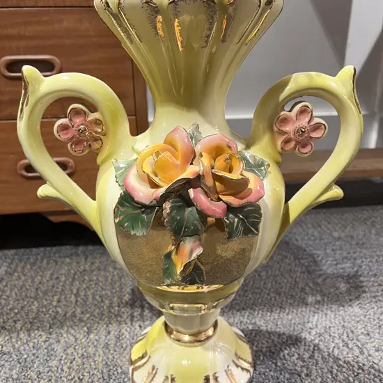 Ceramic Trophy Form Vase with Floral Embellishments
