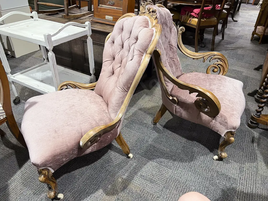 Vict. Faded Walnut Grandmother and Grandfather Chairs Image 1++