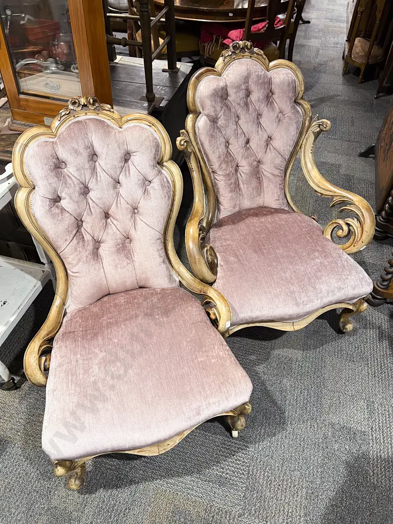 Vict. Faded Walnut Grandmother and Grandfather Chairs Image 1++