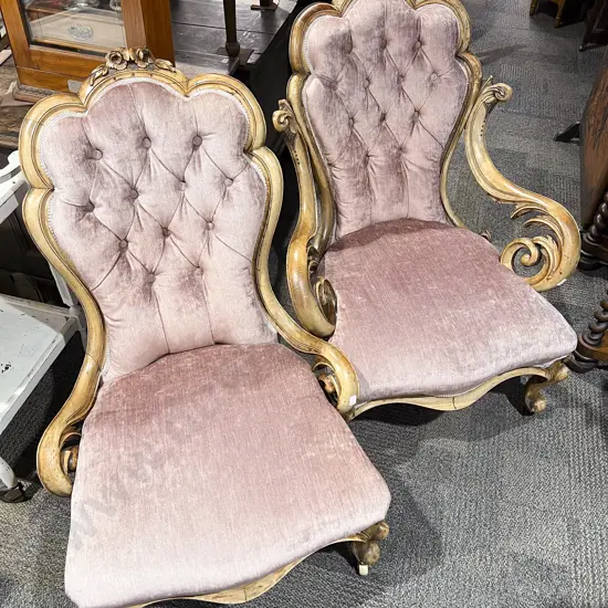 Vict. Faded Walnut Grandmother and Grandfather Chairs