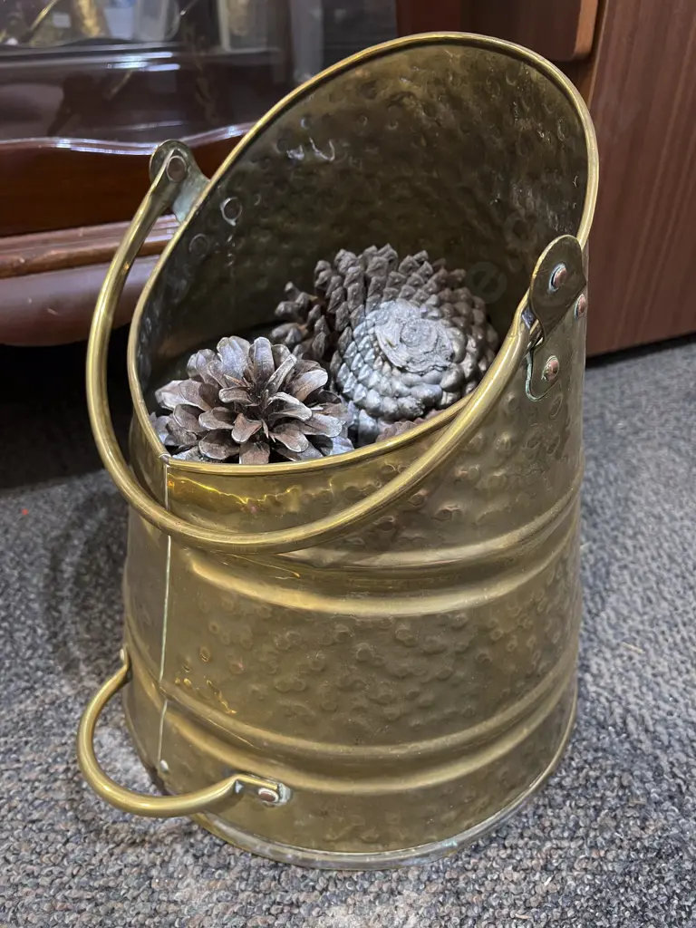 Embossed Brass Firebox with Coil Scuttle together with Brush and Shovel Image 1++