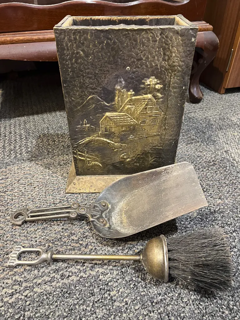 Embossed Brass Firebox with Coil Scuttle together with Brush and Shovel Image 1++