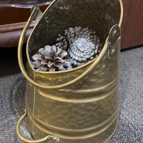 Embossed Brass Firebox with Coil Scuttle together with Brush and Shovel