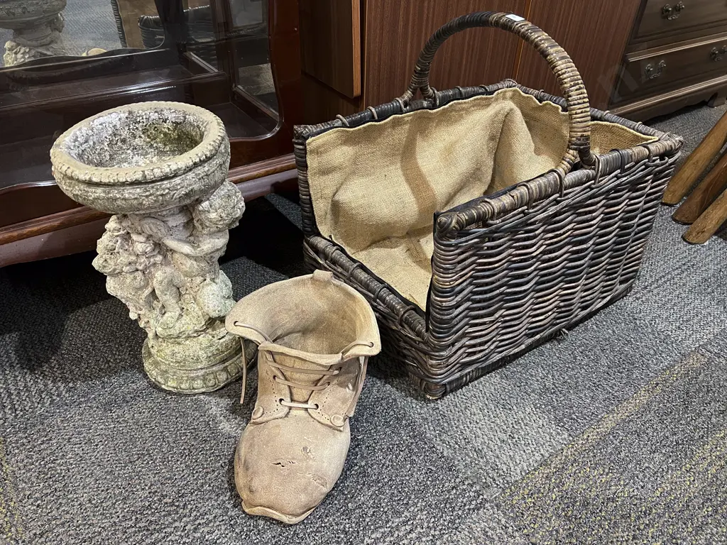 Two Concrete Garden Ornaments together with Wicker Pet Basket Image 1++