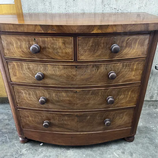 C19th Mahogany Five Drawer Bow Front Chest