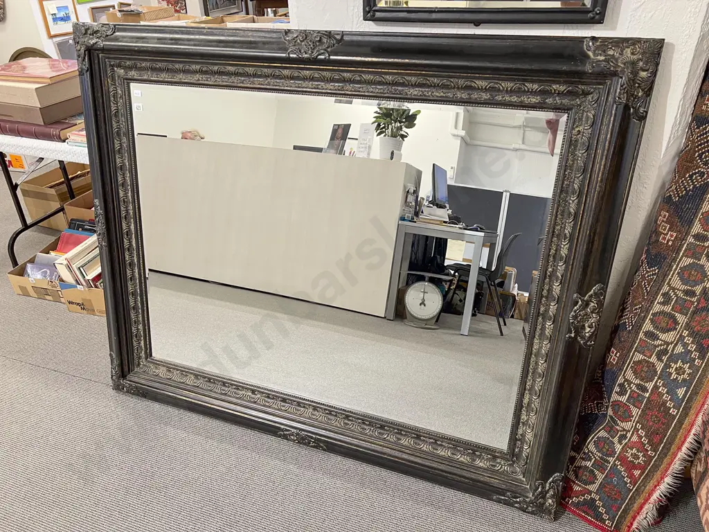 Large and Impressive Ebonized Gilt Framed Bevel Edged Over Mantle Mirror Image 1++