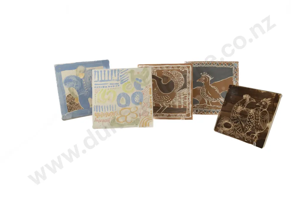Five John Lawrence Hand Painted Terracotta Tiles Image 1++