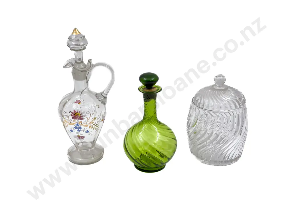 Glass Ewer Together with Green Glass Bottle and Lidded Glass Jar Image 1++