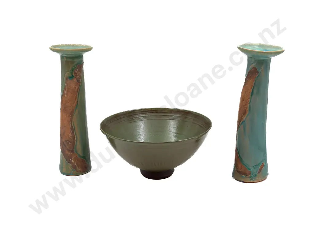 Pair of Pottery Candle Holders Together with Sophie Florence Bowl Image 1++