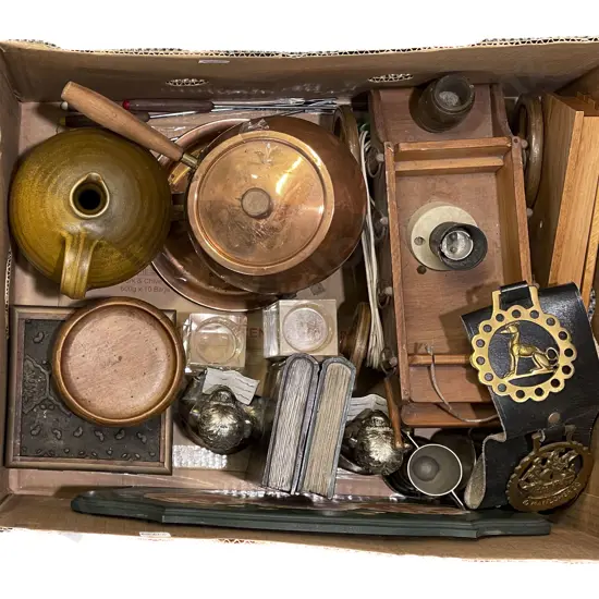 Box Quantity of Assorted Including Copper Saucepan