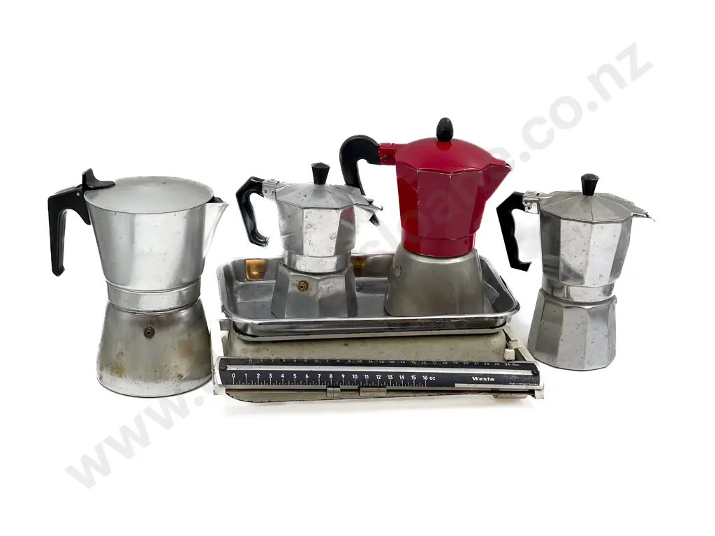 Four Vintage Italian Stove Top Coffee Makers together with Kitchen Scale Image 1++