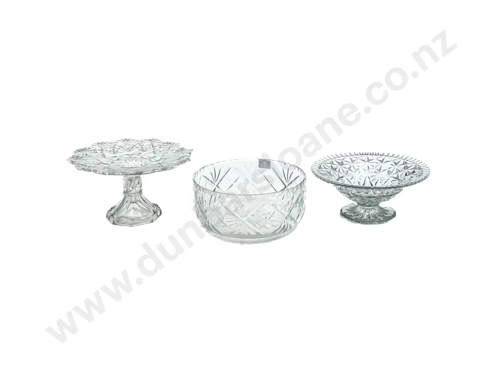 Crystal Table Bowl together with Two Pieces of Pressed Glass Image 1++