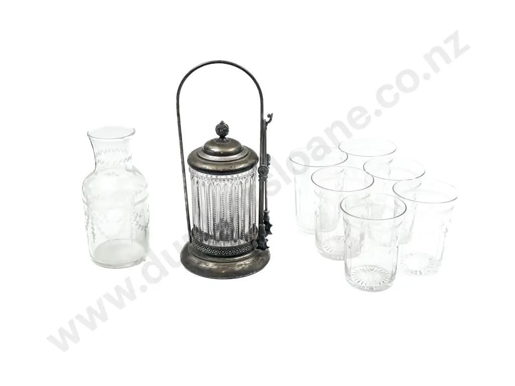 Etched Glass Water Set together with Sugar Cube Jar & Tongs Image 1++