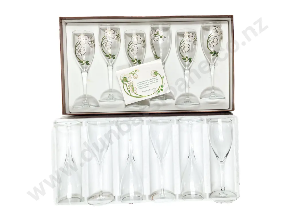 Boxed Perrier-Jouet Set of Six Champagne Glasses together with Other Set Image 1++