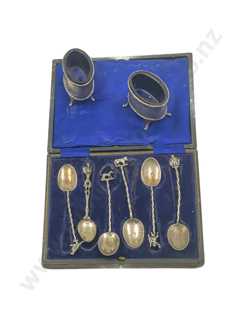 Pair of S/S Salts with Six Sterling Teaspoons Image 1++