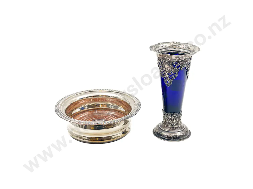 Applied Silver to Blue Glass Vase together with Wine Coaster Image 1++