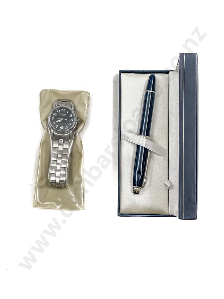 Boxed Copy Mont Blanc Ball Point Pen & Gents Wrist Watch Image 1++