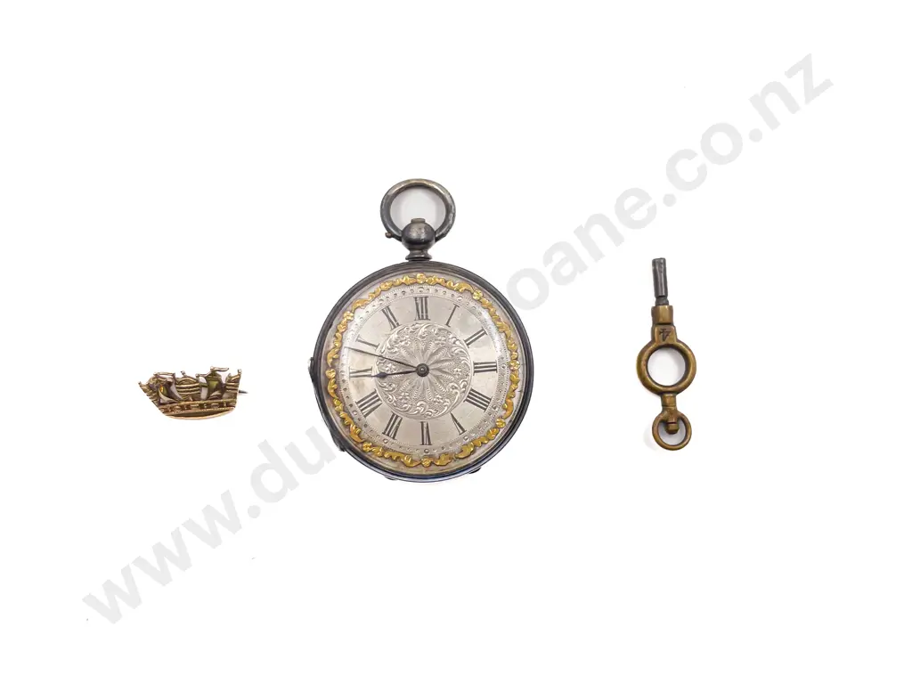 Silver Cased Fob Watch with Key & Ship Badge Image 1++