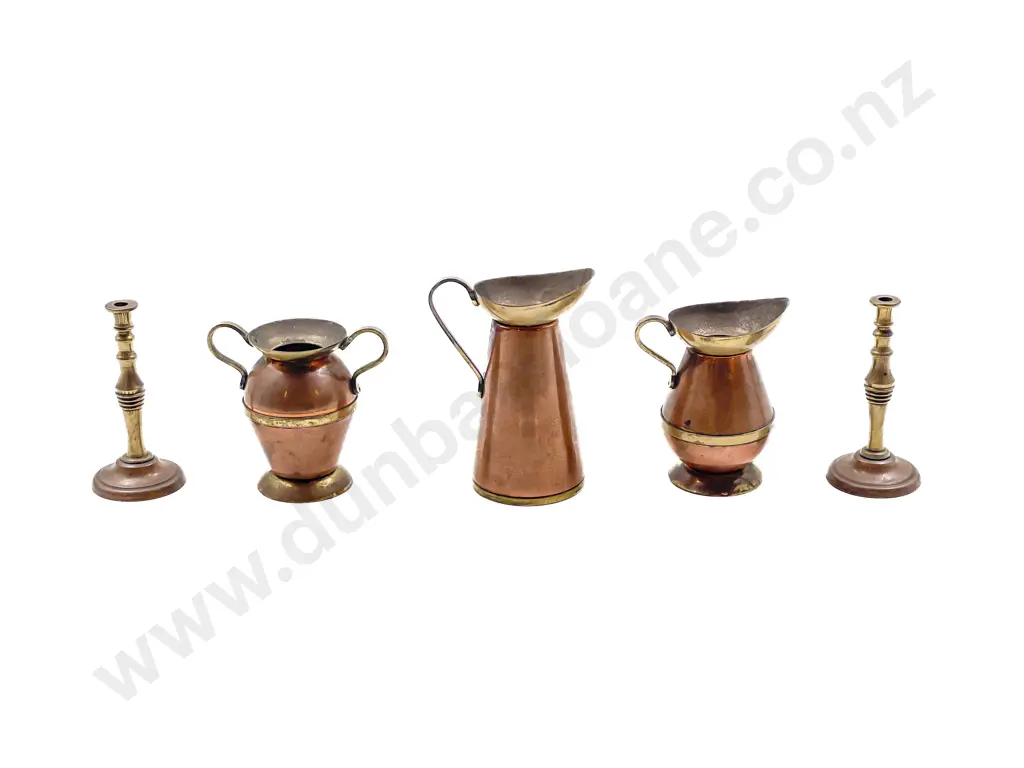 Assorted Miniature Copper & Brass Items incl Ewer & Candlesticks Image 1++