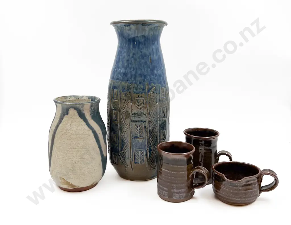 Two Pottery Vases along with Two Cups & Small Jug Image 1++
