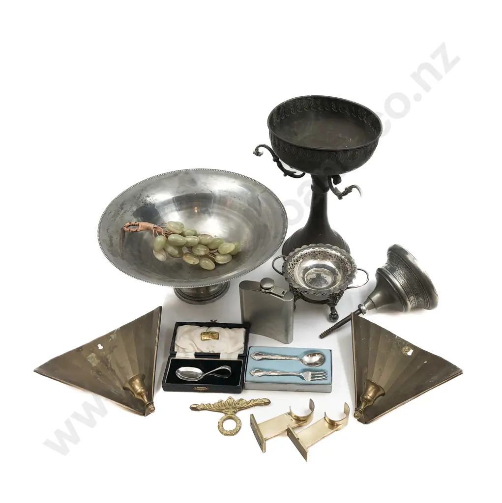 Quantity of Assorted Metal Ware Including Hip Flask and Wall Sconces etc Image 1++