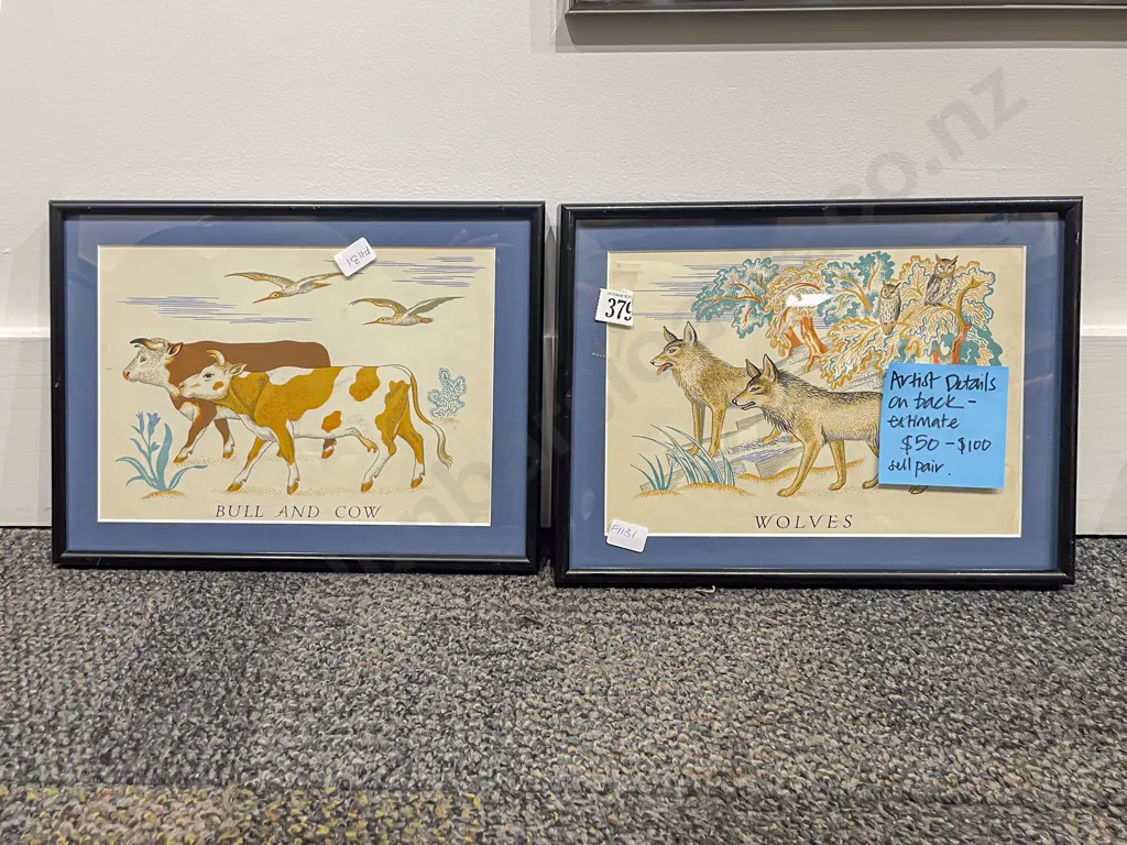 Pair of Cliford Webb Prints "Bull & Cow" & "Wolves" Image 1++