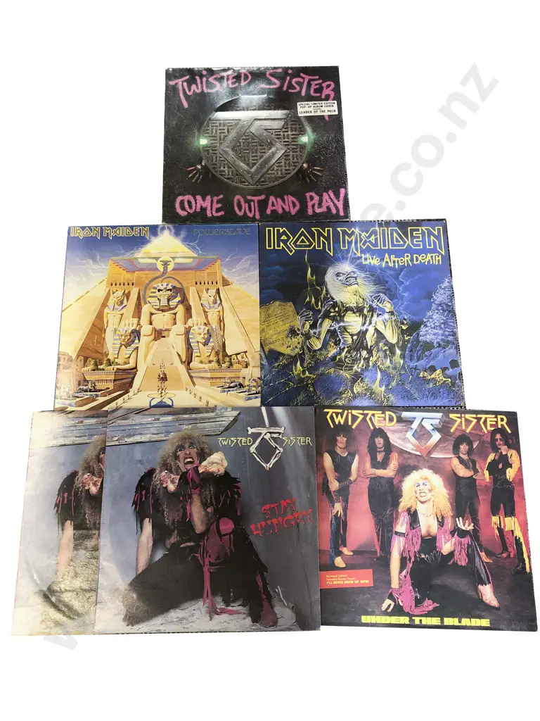 Six Assorted Vinyl Records Including Twisted Sister and Iron Maiden Image 1++