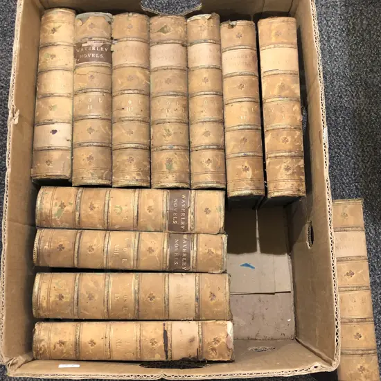 Box of Assorted Leather Bound Waverley Novels Volumes