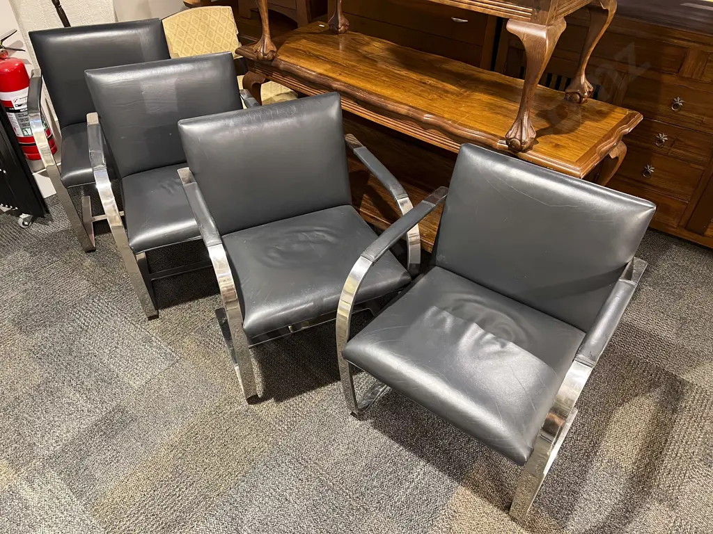 Four Mid Century Leather & Chrome Cantilever Armchairs Image 1++