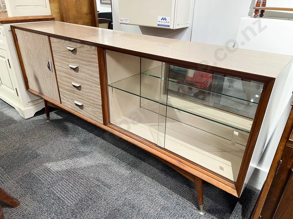 Mid Century Mahogany Framed Formica Sideboard with Glazed Sliding Doors Image 1++