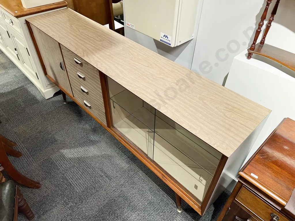 Mid Century Mahogany Framed Formica Sideboard with Glazed Sliding Doors Image 1++