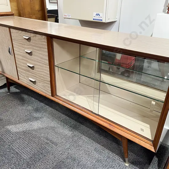 Mid Century Mahogany Framed Formica Sideboard with Glazed Sliding Doors