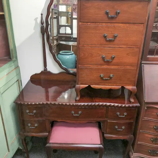 Mahogany Mirror Back Dressing Table with Footstool & Associated Bedside Chest