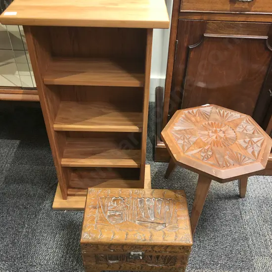 Small Bookcase together with Small Camphor Box & Chip Carved Stool