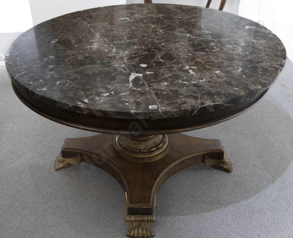 French Empire Style Circular Marble Top Mahogany & Parcel Gilt Centre Table Image 1++
