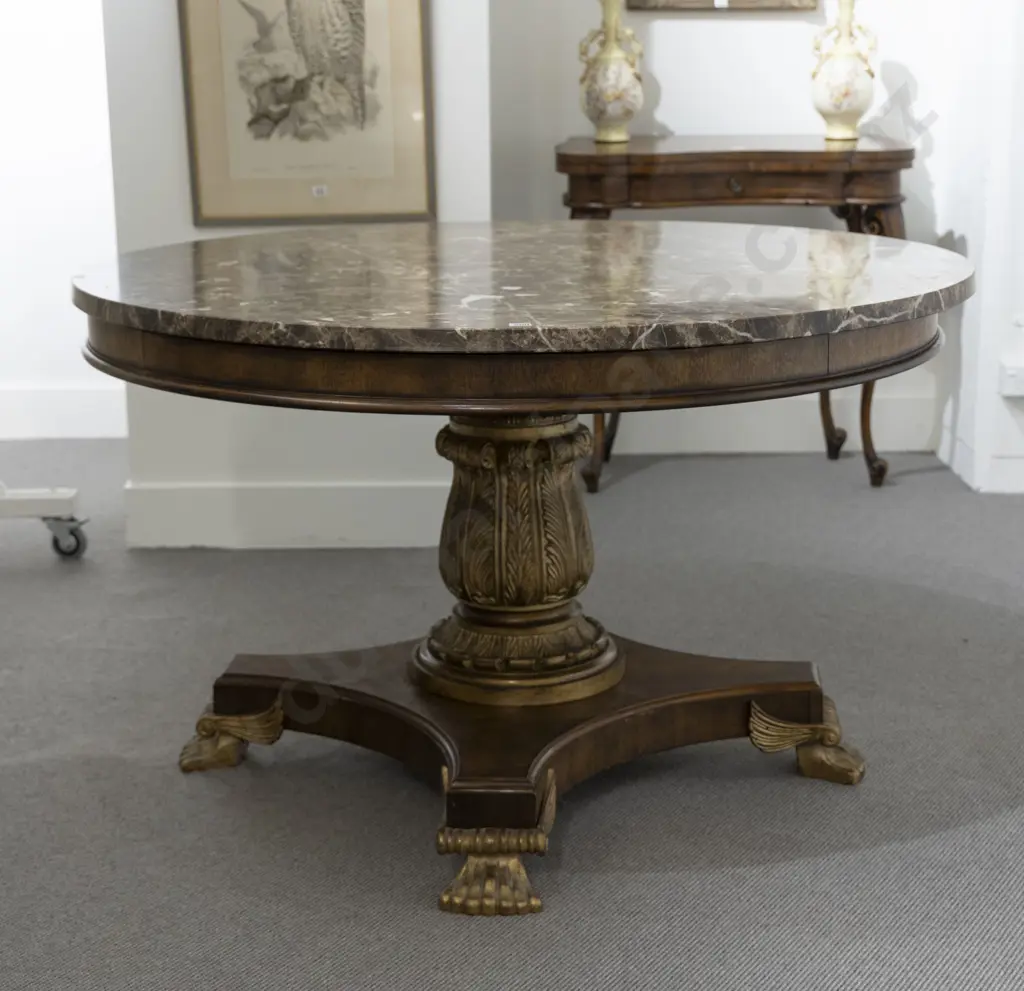 French Empire Style Circular Marble Top Mahogany & Parcel Gilt Centre Table Image 1++