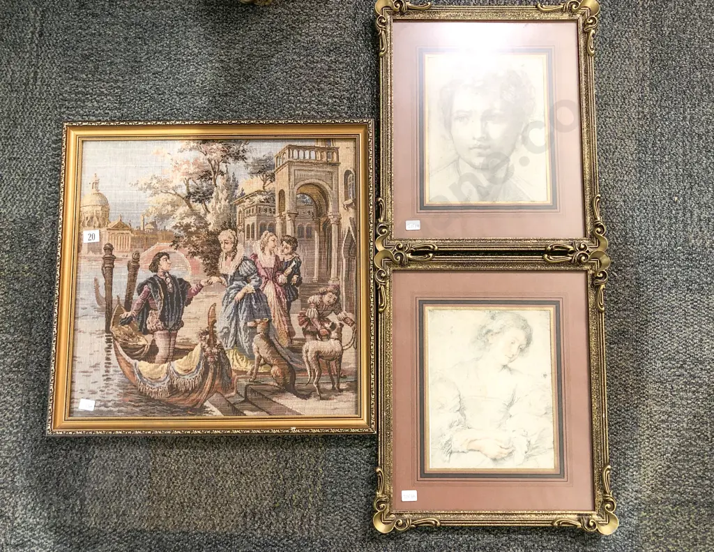Pair of Gilt Framed Portrait Prints Together with Classical Scene Tapestry Image 1++