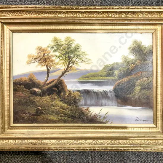S Maynard - NZ Landscape with Waterfall - Oil on Board