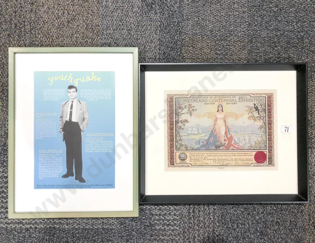 NZ Centennial Exhibition Certificate of Attendance - together with "Youth Quake" Poster Image 1++