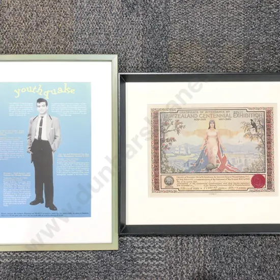 NZ Centennial Exhibition Certificate of Attendance - together with "Youth Quake" Poster