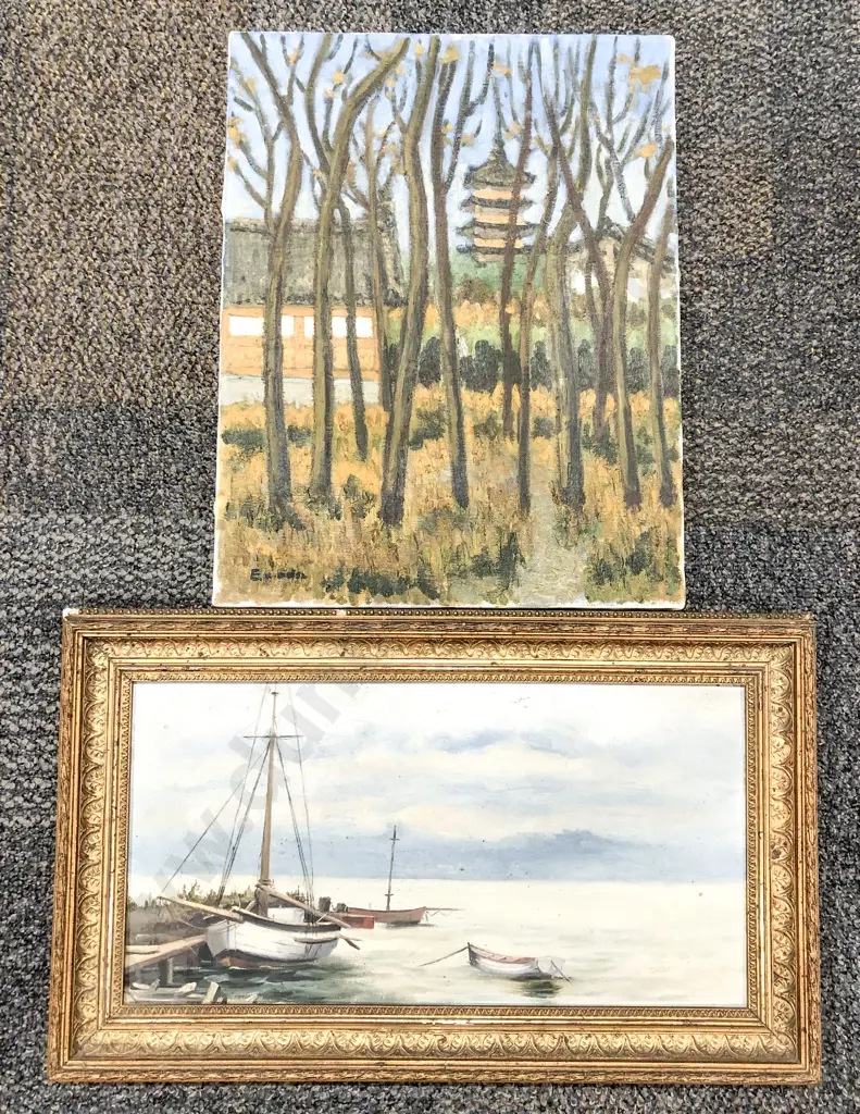 Gilt Framed Vintage Oil on Canvas Dock Scene together with Other Oil Work Image 1++
