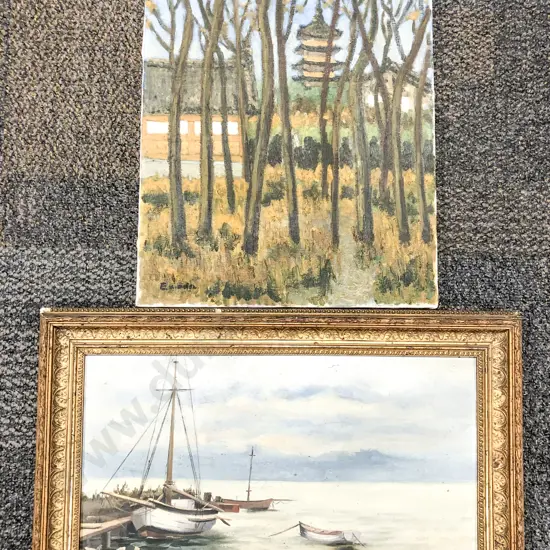 Gilt Framed Vintage Oil on Canvas Dock Scene together with Other Oil Work