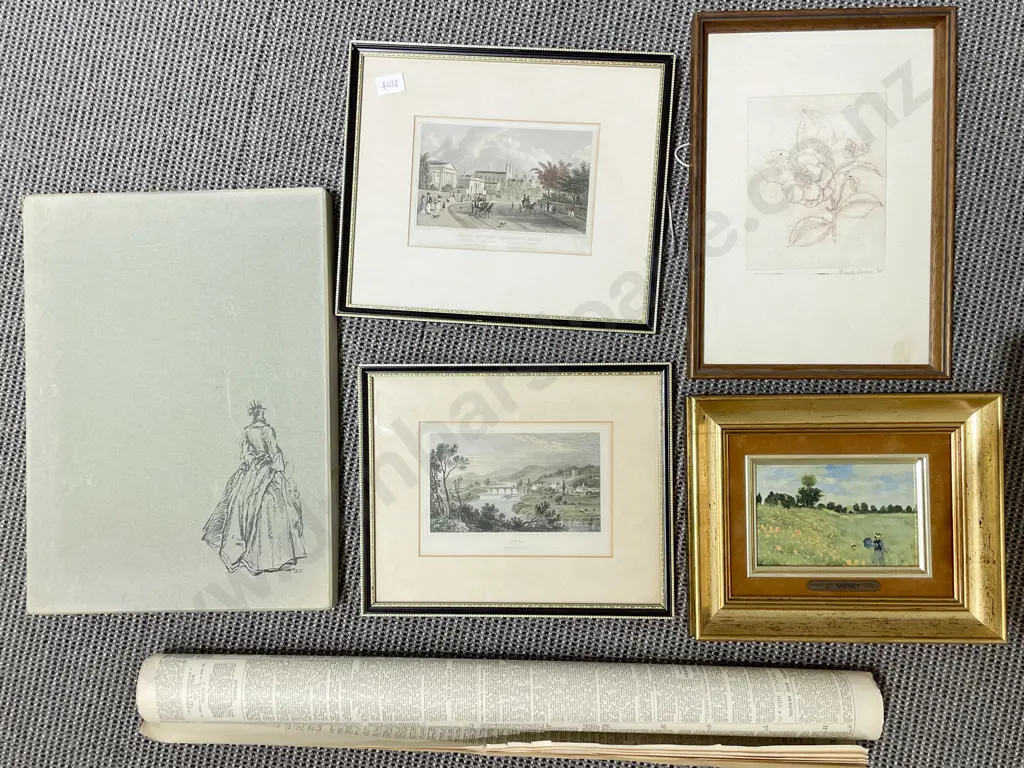 Box of Assorted Framed and Loose Prints together with Vintage 1919 Newspaper Image 1++