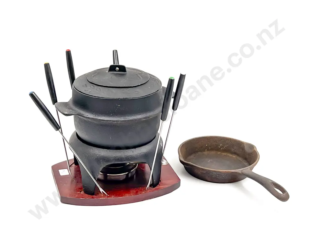 Vintage Cast Iron Fondue Set & Small Skillet Image 1++