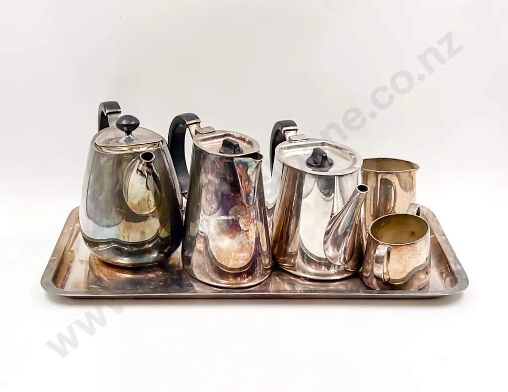 Vintage Walker & Hall Five Pce Silver Plated Coffee & Tea Service on Tray Image 1++