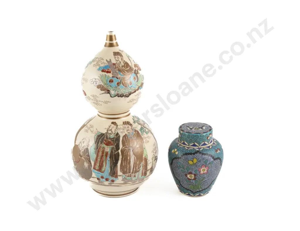 Chinese Double Gourd Shaped Vase Hand Painted With Lohan Together With A Small Lidded Cloisonne Style Ginger Jar (Faulte Image 1++