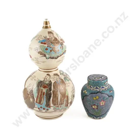 Chinese Double Gourd Shaped Vase Hand Painted With Lohan Together With A Small Lidded Cloisonne Style Ginger Jar (Faulte