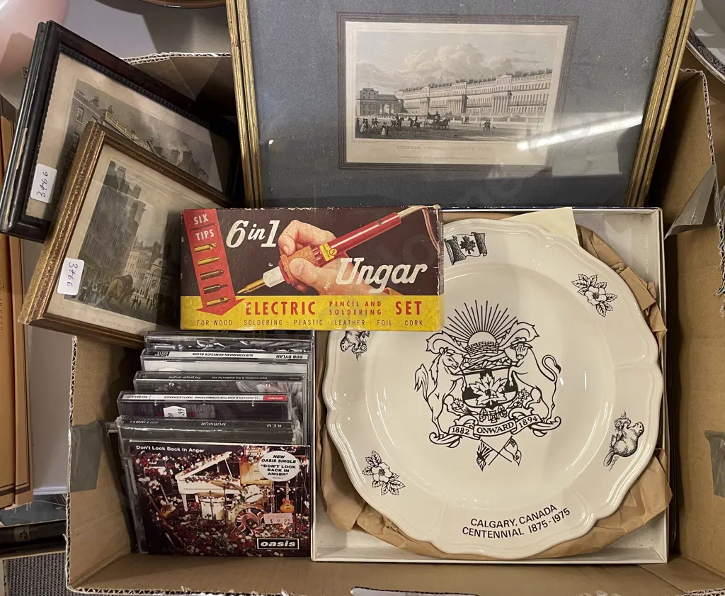 Box Lot of Assorted incl Framed Book Plates & Vintage Soldering Set Image 1++