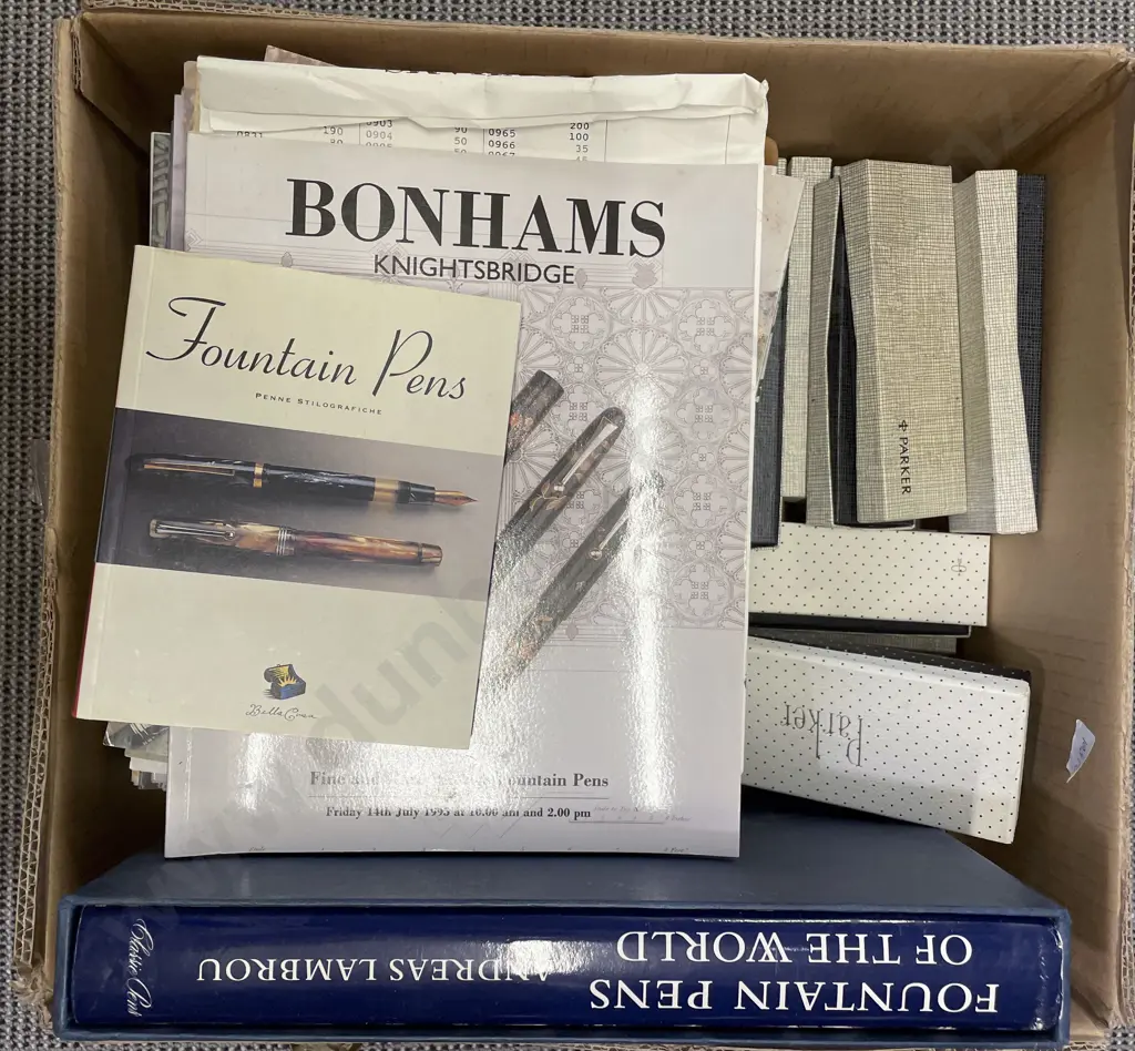 Quantity of Assorted Fountain Pen Auction Catalogues with Parker Pen Boxes etc Image 1++