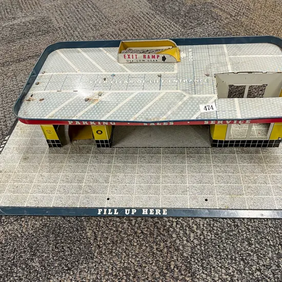 Tinplate Diecast Vehicle Garage with assorted toys including toy cash register